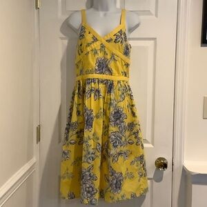 SPENSER JEREMY 100% Cotton Yellow/Blue Floral Cottagecore Toile Summer Dress 8